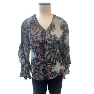 A. Byer Black Pink Gray Floral Sheer‎ Blouse